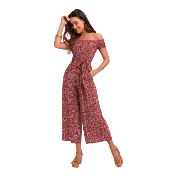 Lulus Behold Red Floral Print Off the Shoulder Wide Legs Jumpsuit Size XS - Picture 1 of 12